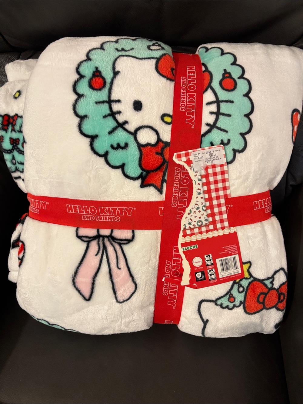 Hello Kitty Christmas Plush Throw Blanket - White, Mint & Red Accents